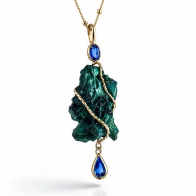 Colgante de Plata chapada en Oro con Malaquita Terciopelada y Zafiros Azul Celian