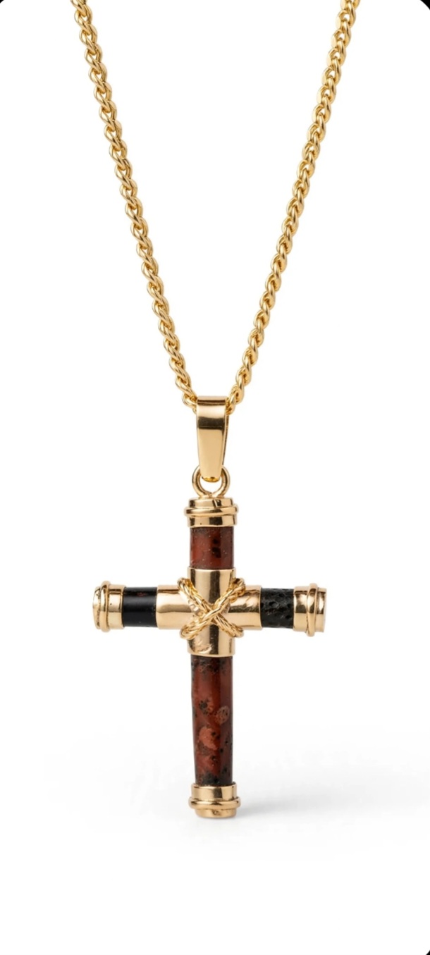 Cruz de Autor en Oro de Ley y Coral Negro Natural – Una Pieza de Poder Tallada a Mano