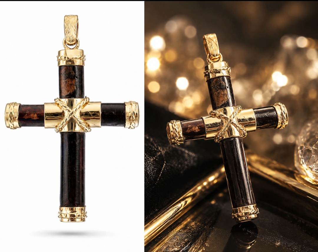 Cruz de Autor en Oro de Ley y Coral Negro Natural – Una Pieza de Poder Tallada a Mano - Imagen 2